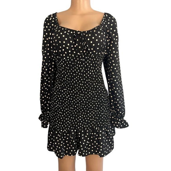 Express Long Sleeve Smocked Black Polka Dot Dress - Picture 3 of 12